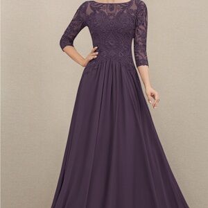 JJs House Purple Pleated Gown with Bateau Neckline
